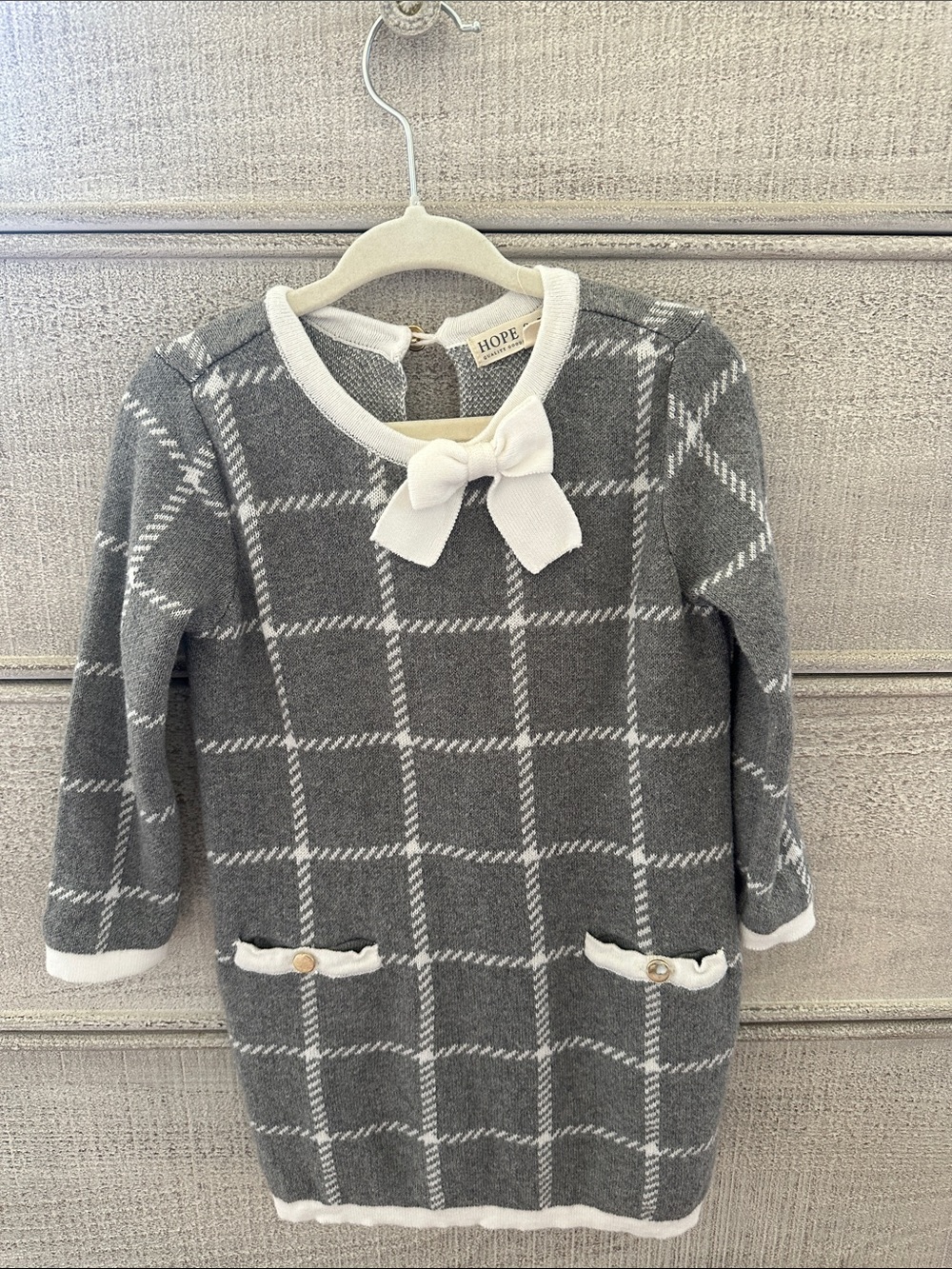 Hope Grey Windowpane Knit Dress with White Bow